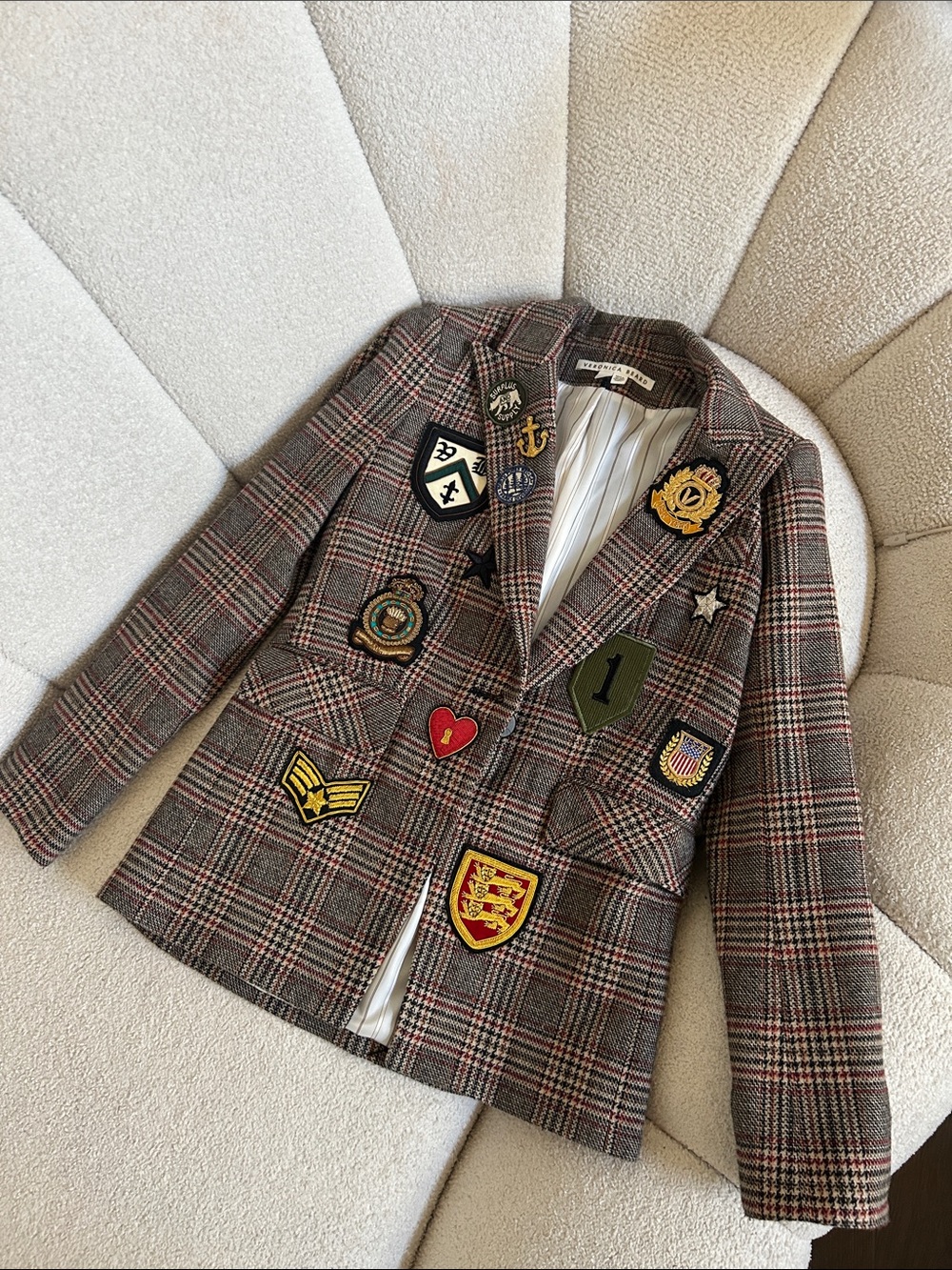 Veronica Beard Plaid Patchwork Blazer with Embroidered Crest Patches
